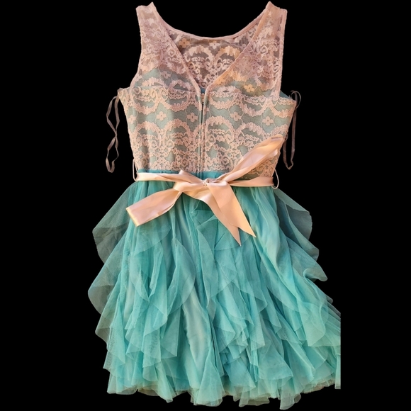 TEAZE ME SZ 7 Green/Ivory Ruffle Tulle Sleeveless Cocktail Dress - Picture 13 of 15